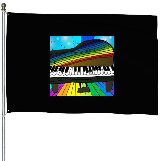 piano in front of a colorful rainbow House Flags