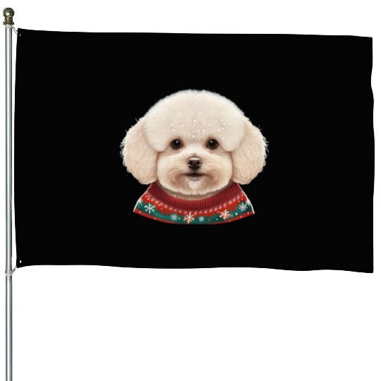 Festive Bichon Frise in a Christmas Sweater House Flags