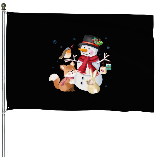 Snowman with fox, rabbit and robin House Flags