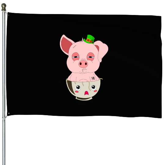St Patricks Day Lucky Pig In A Kawaii Ramen Bowl House Flags