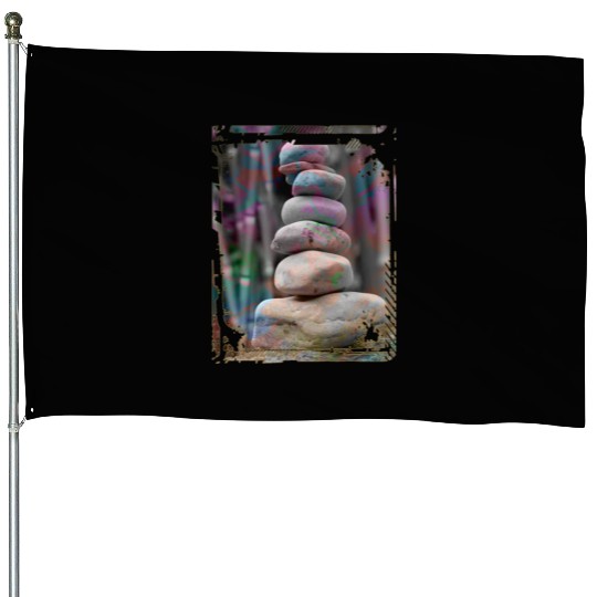Japan Zen Buddhism Balancing Stones Rocks Bamboo House Flags