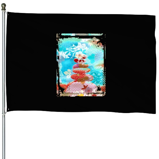 Japan Zen Buddhism Balancing Stones Rocks Cherry House Flags