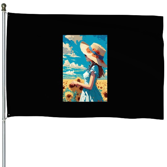 Sunflower girl summer House Flags