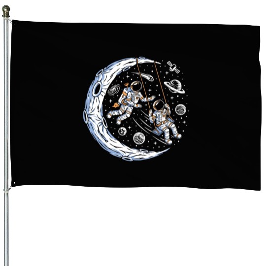 Astronauts on swing on moon House Flags