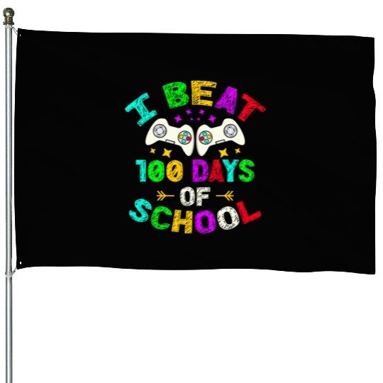 I Beat 100 Days Of School Video Game Player Kid House Flags