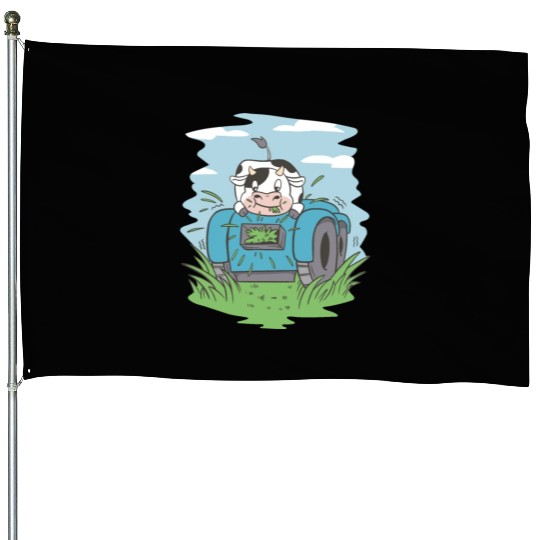 Cow eating grass tractor Cow eating grass tractor House Flags