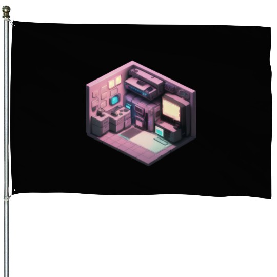 Synthwave Isometric Voxel Bedroom - Future Room House Flags