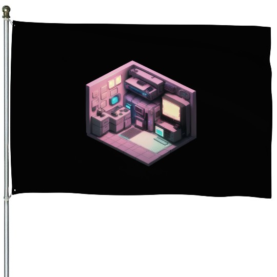 Synthwave Isometric Voxel Bedroom - Future Room House Flags