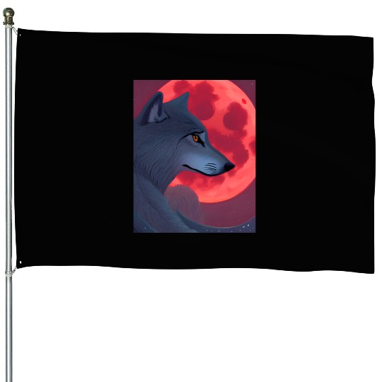 A Grey Wolf Staring at a Blood Moon House Flags