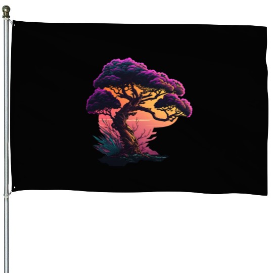 Synthwave Bonsai Tree House Flags