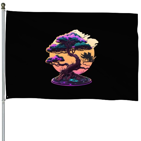 Synthwave Bonsai Tree House Flags