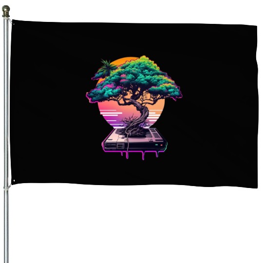 Synthwave Bonsai Tree House Flags