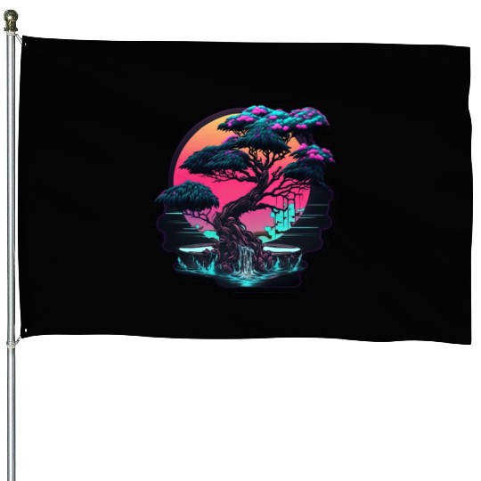 Synthwave Bonsai Tree House Flags