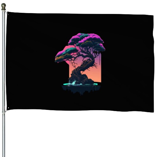 Synthwave Bonsai Tree House Flags
