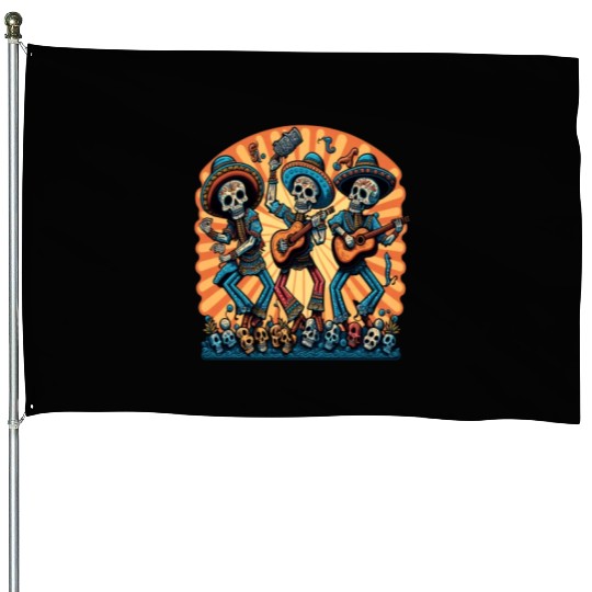 Mexican Folk Dance Fans Dancing Sugar Skull House Flags
