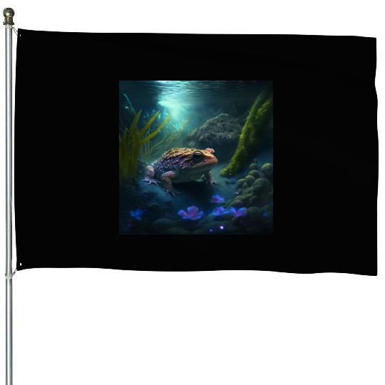 A toad in a creek the toad has blue glowing eyes House Flags