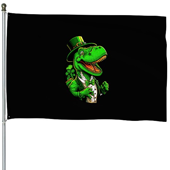 St Patricks Day T-rex Dinosaur With Top Hat House Flags