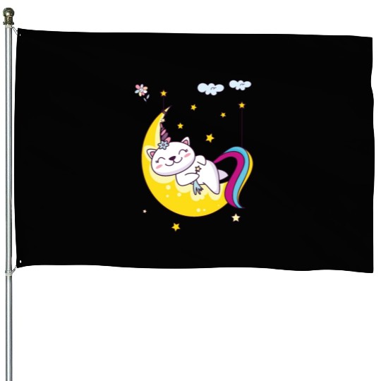 Unicorn pony cat on the moon, magic sleeping time House Flags