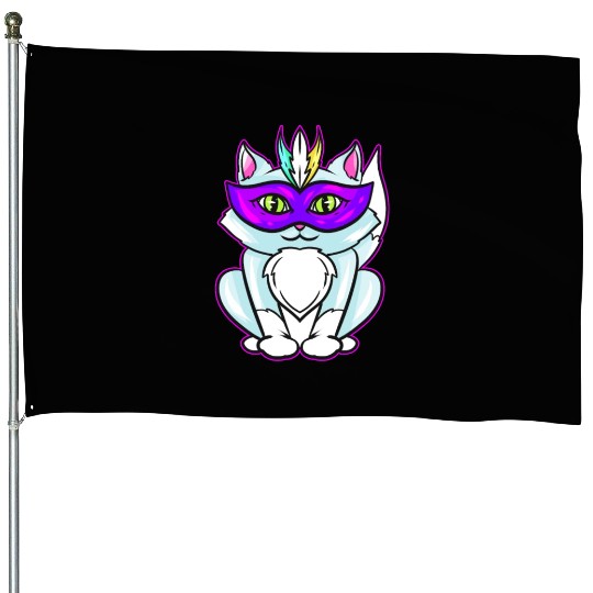 Cute Kawaii Cat With Purple Mask For Mardi Gras House Flags