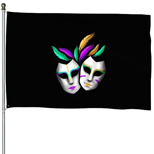 Pair Of White Masks With Feathers For Mardi Gras House Flags