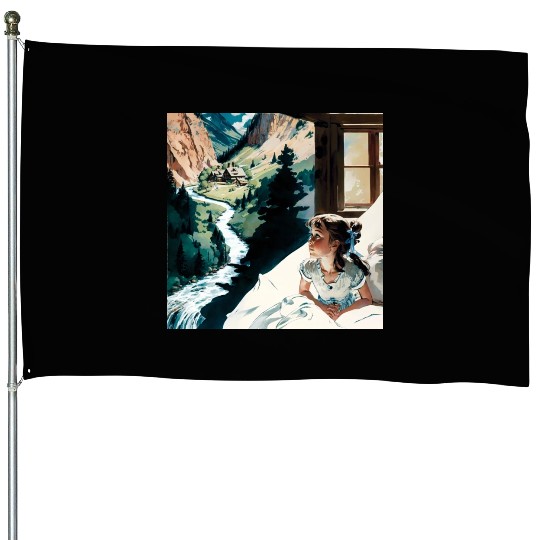 A painting girl sitting a bed looking out a windo House Flags