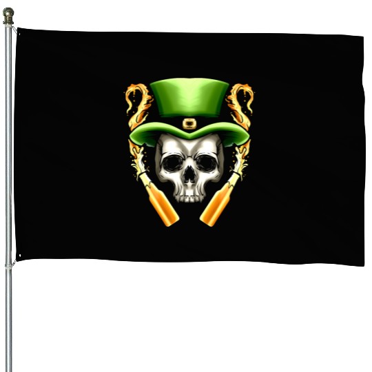 Skull With Leprechauns Hat And Beer Party St House Flags