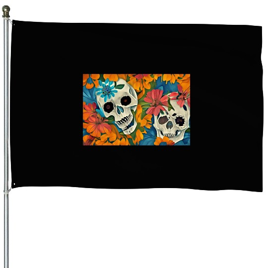 floral butterfly skull art illustration abstract House Flags