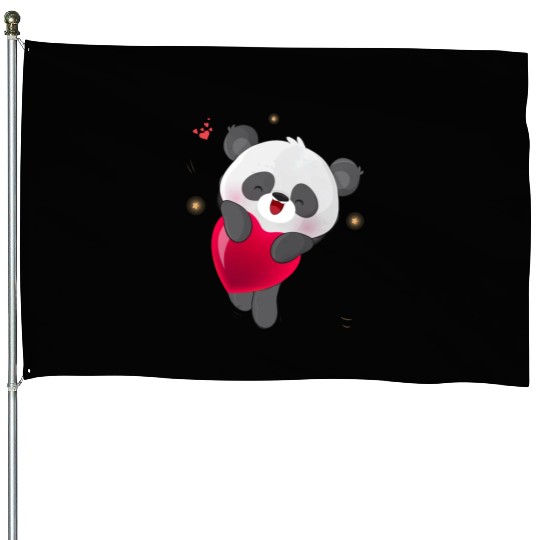 Cute Panda Embrace Heart Design House Flags