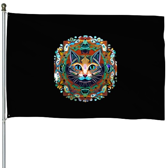 Cat Mandala. Cute Namaste Mindfulness Design House Flags