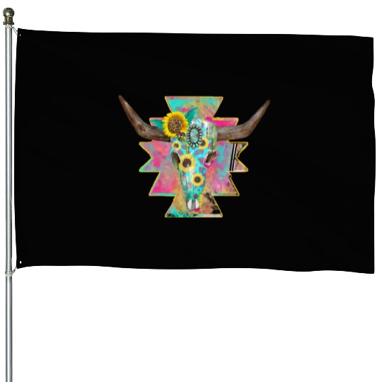 Colorful Floral Bull Skull House Flags