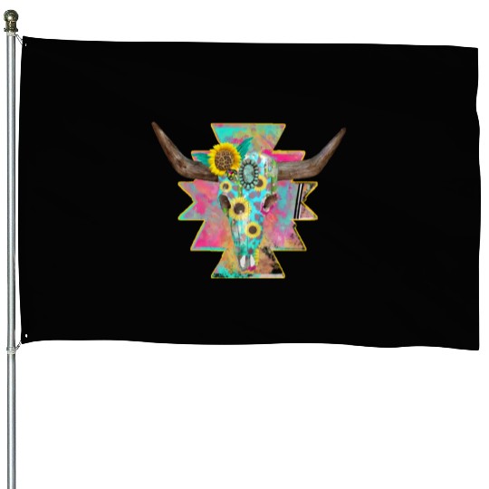 Colorful Floral Bull Skull House Flags
