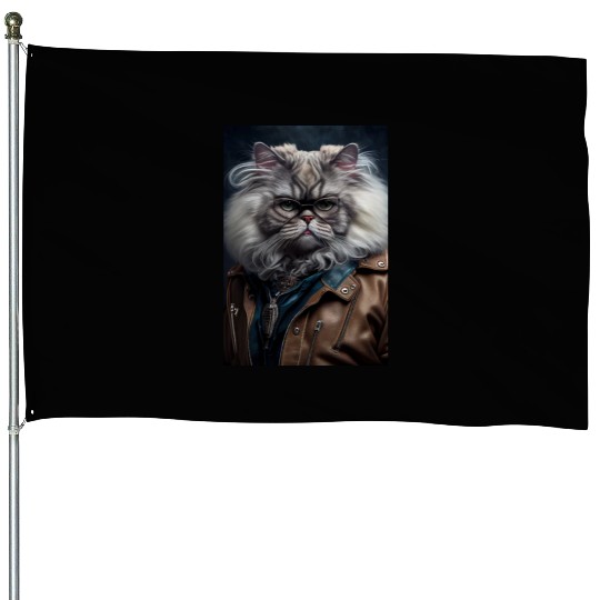 Persian Cat Breed Portrait wears a leather jacket House Flags