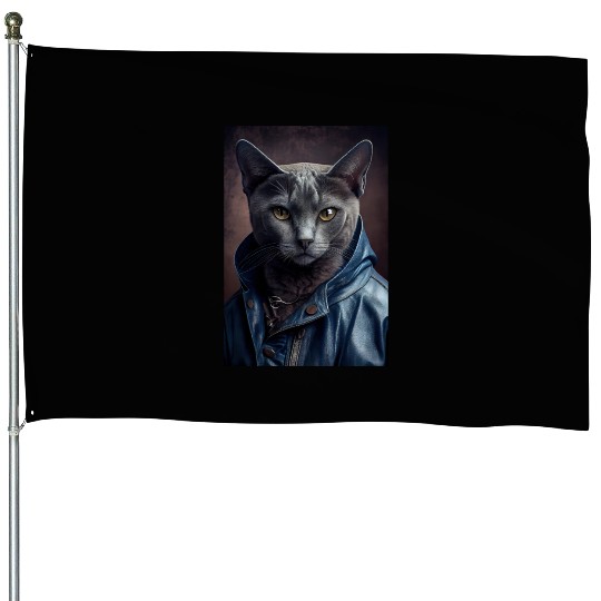 Russian Blue Cat Breed Portrait wears a leather j House Flags