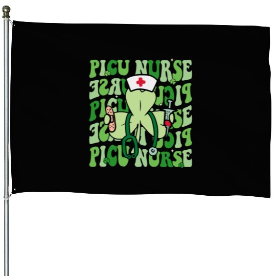 Groovy PICU Nurse Funny Shamrock St House Flags