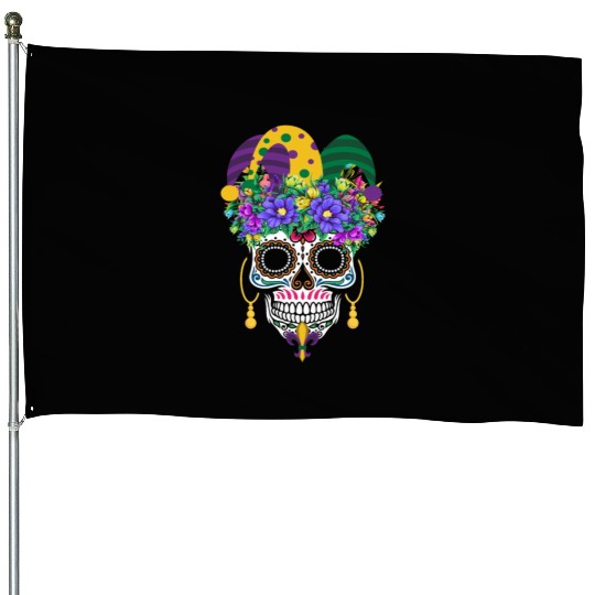 Mardi Gras Mask Dia De Los Muertos Flower Sugar House Flags