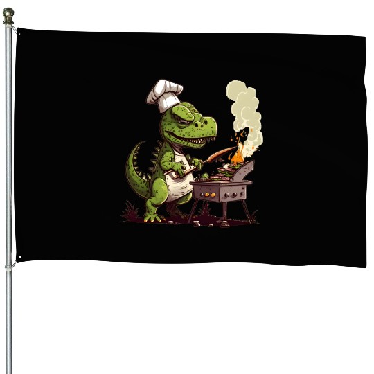 Baby Dinosaur Using A Charcoal Grill Cooking Meat House Flags