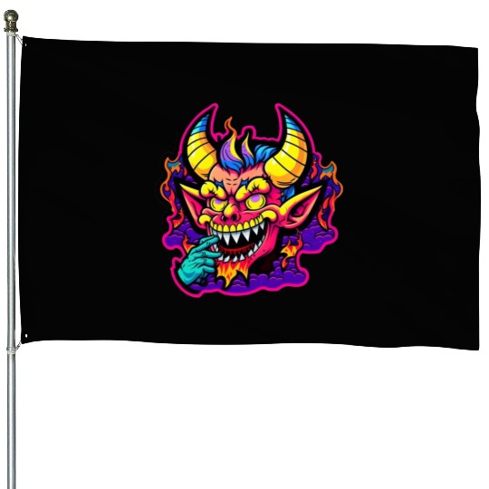 90's Style Neon Cartoon Crazy Devil House Flags