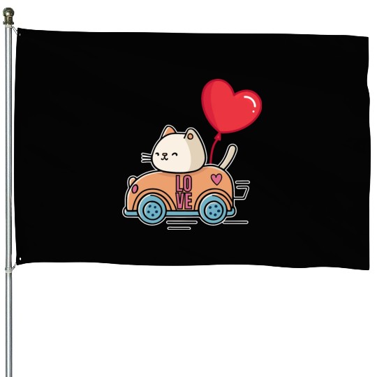 Cute cat in the love car, and love balloon - white House Flags