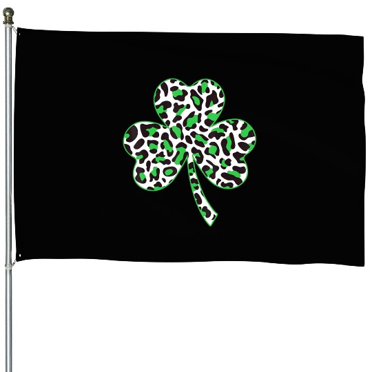 Cute Shamrock Leopard Print St Patricks Day Irish House Flags