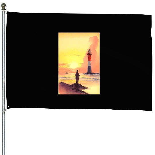 Serene Sunrise Beach Scene with Lighthouse and Fis House Flags