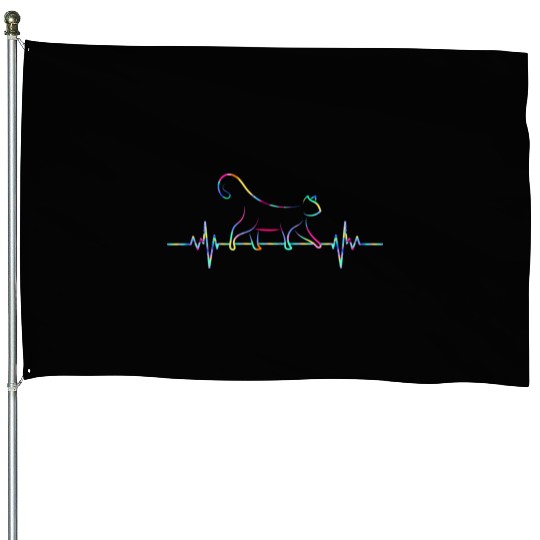 Cat Lover multicolored cat heartbeat pulse lines House Flags
