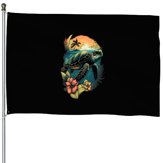 Turtle Hawaiian Sea Turtles Hibiscus Flower House Flags