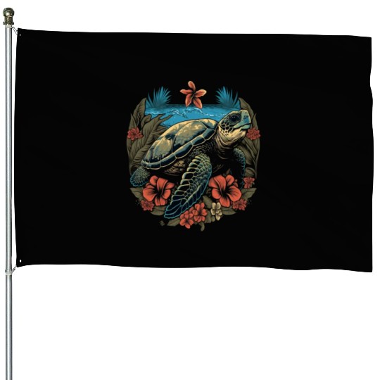 Turtle Hawaiian Sea Turtles Hibiscus Flower House Flags