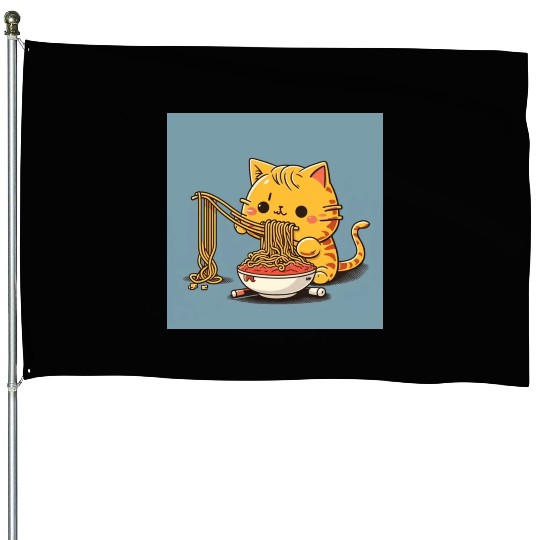 Japanese cat eating spaghetti House Flags