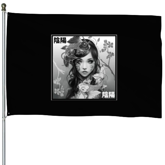 Yin Yang Koi Fish Gothic Emo Japanese Cherry Bloss House Flags