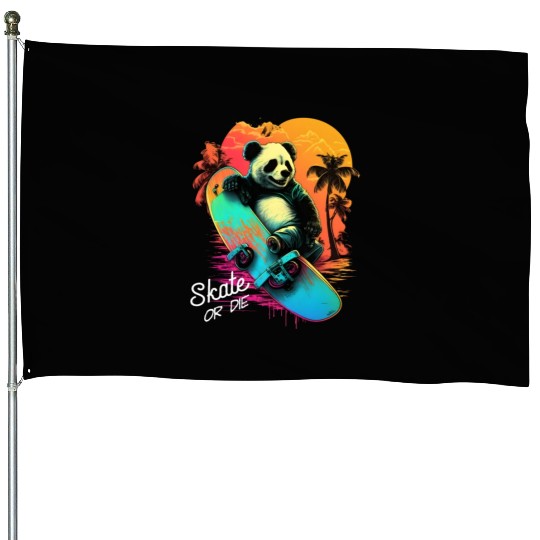 Cool Retro Panda Skateboard Neon Gift House Flags