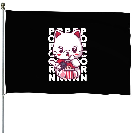 Cat Eating Popcorn House Flags