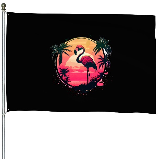Retro Sunset Pink Flamingo Summer Design Flamingo House Flags