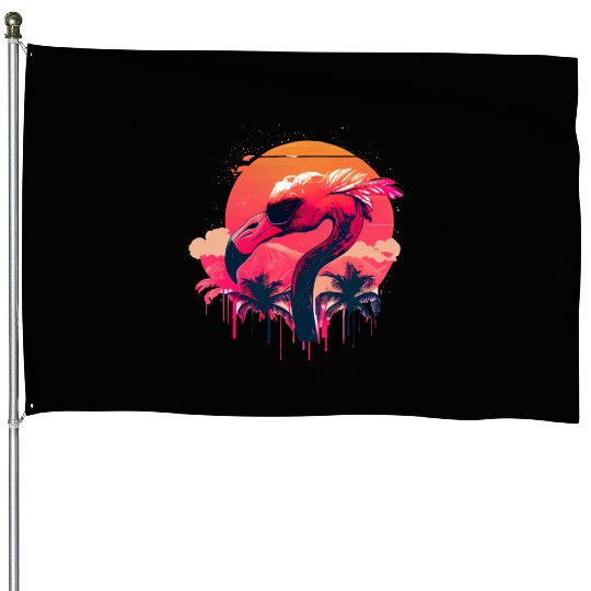 Retro Sunset Pink Flamingo Summer Design Flamingo House Flags