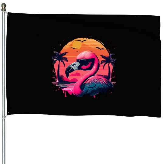 Retro Sunset Pink Flamingo Summer Design Flamingo House Flags